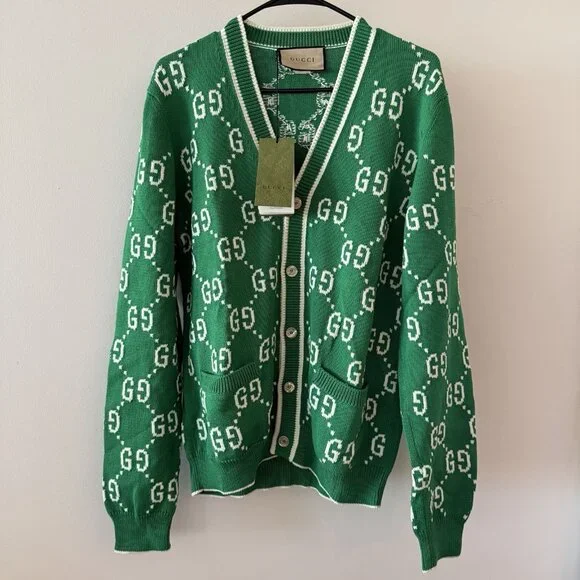 NWT Gucci Logo Intarsia Monogrammed Cardigan Sz M Green GG - Picture 6 of 8